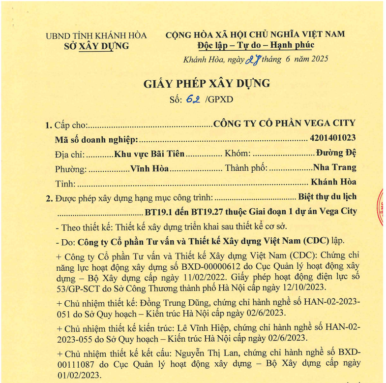 Giấy phép xây dựng biệt thự du lịch Vega City số 62