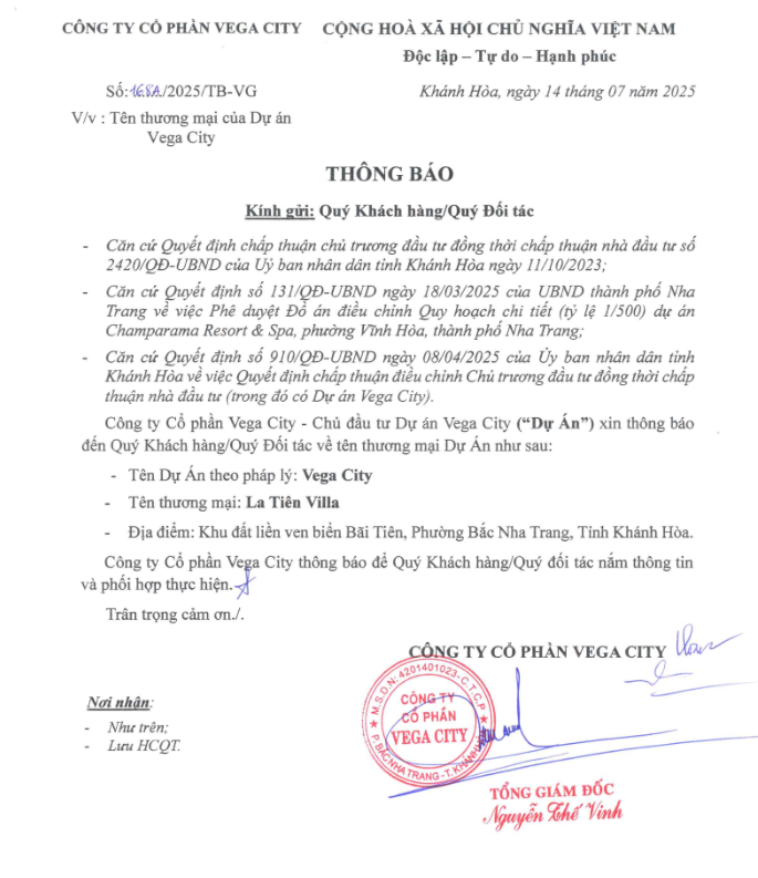 Thông báo tên Thương mại dự án La Tiên Villa