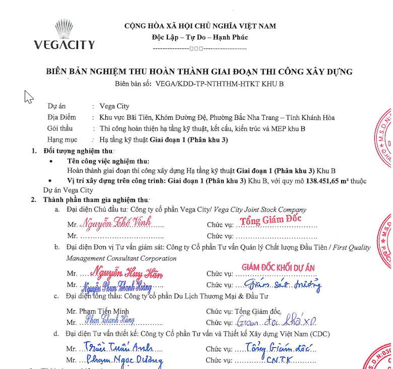 Bản nghiệm thu hoàn thành hạng mục dự án Vega City